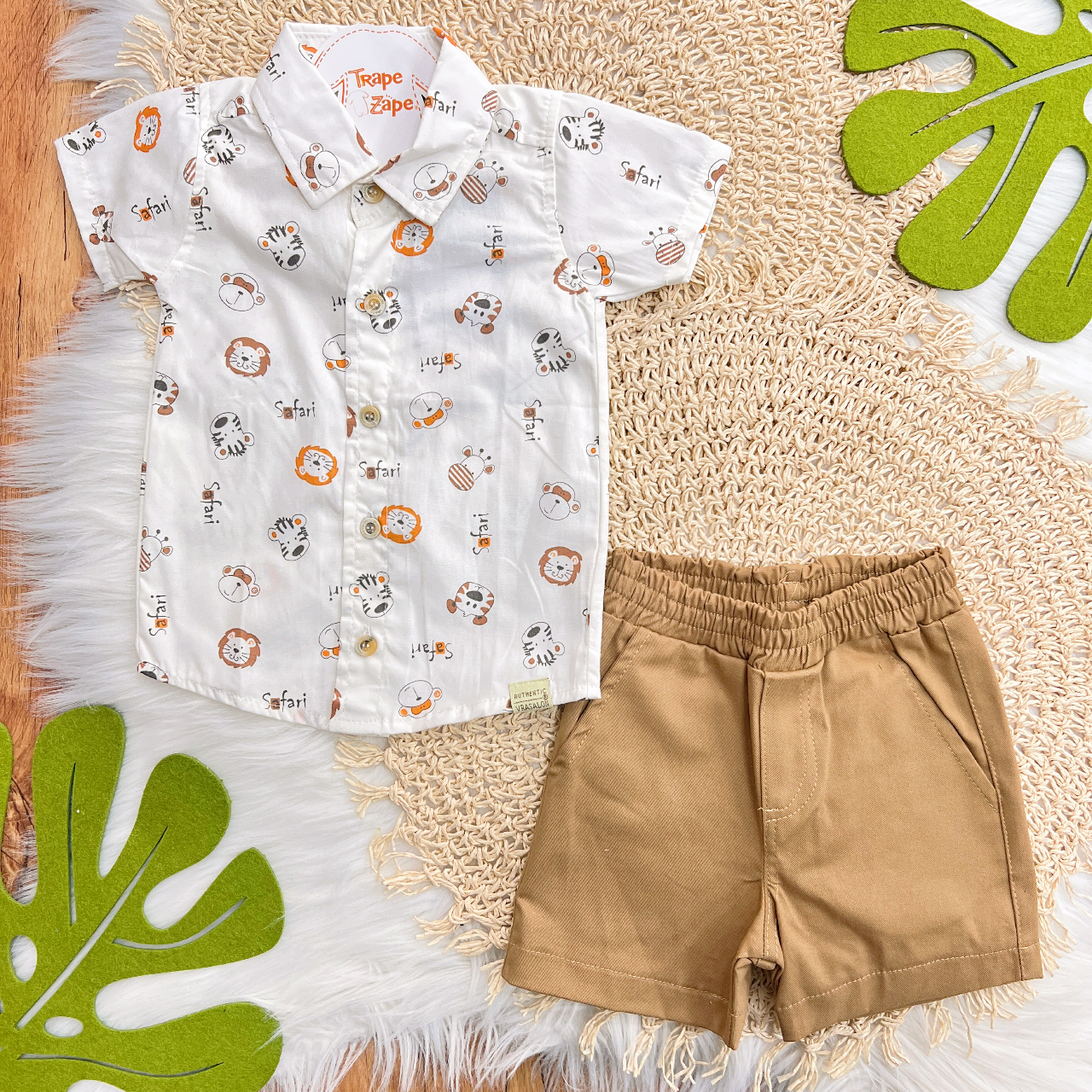 Conj. Camisa Safari e Bermuda em Sarja - Off White e Laranja